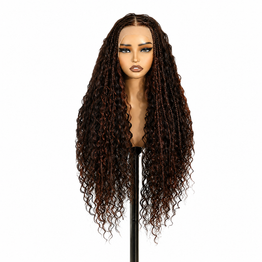 Premium Lace Front Περούκα με Braids & Μπούκλες – Σκούρο Καστανό με Ανταύγειες | 70cm