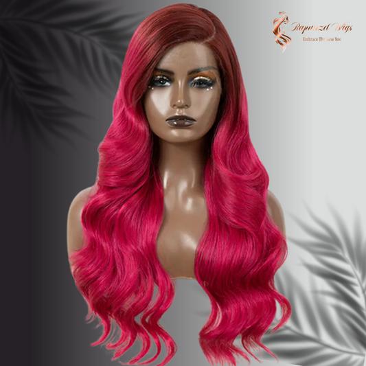 Περούκα75εκ φούξια- κοκκινο με χαλαρές μπούκλες και πλαινη χωρίστρα. #00175