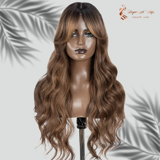 Περούκα- μακριά φράντζα καστανή με σκούρα ρίζα, 70 εκ, χαλαρή μπούκλα. #00134