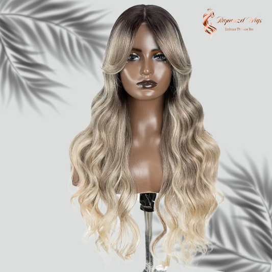 Περούκα- μακριά φράντζα ξανθιά με σκούρα ρίζα, 70 εκ, χαλαρή μπούκλα. #00135